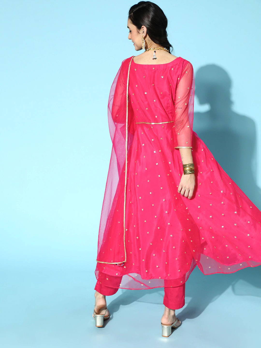 Women Magenta Pink Floral Embroidered Pleated Sequinned Net Kurta with Trousers - Inddus.com