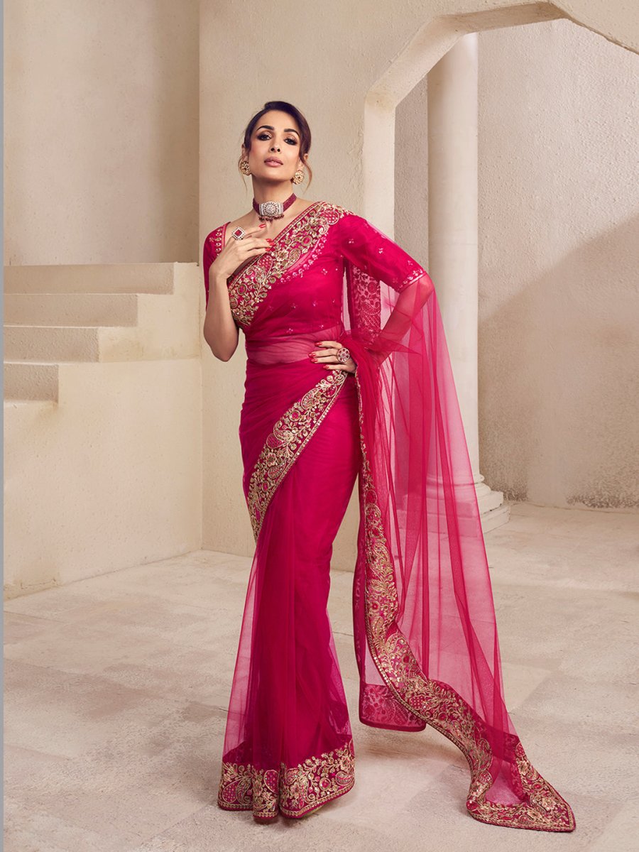 Malaika Arora Magenta Pink Floral Sequins and Thread Embroidered Saree with Blouse Piece