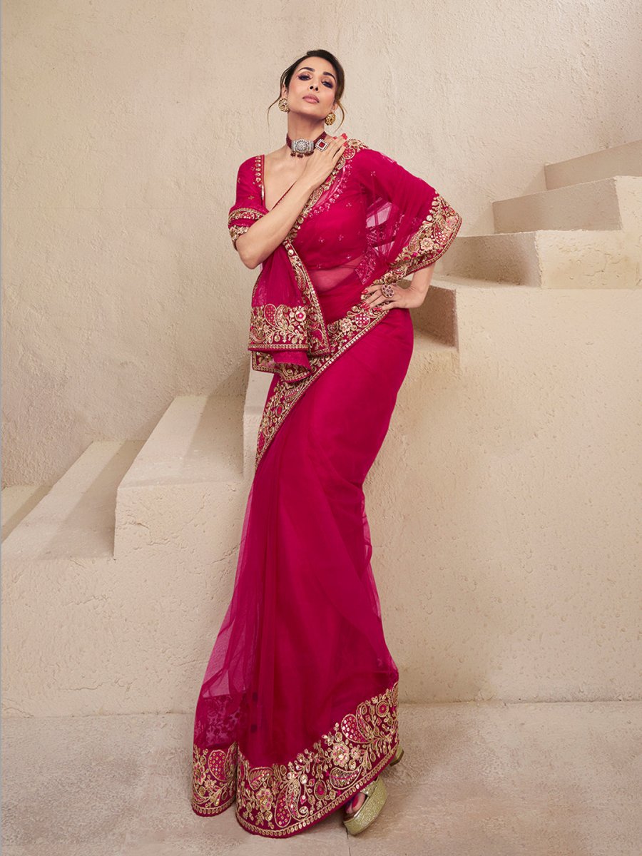 Malaika Arora Magenta Pink Floral Sequins and Thread Embroidered Saree with Blouse Piece