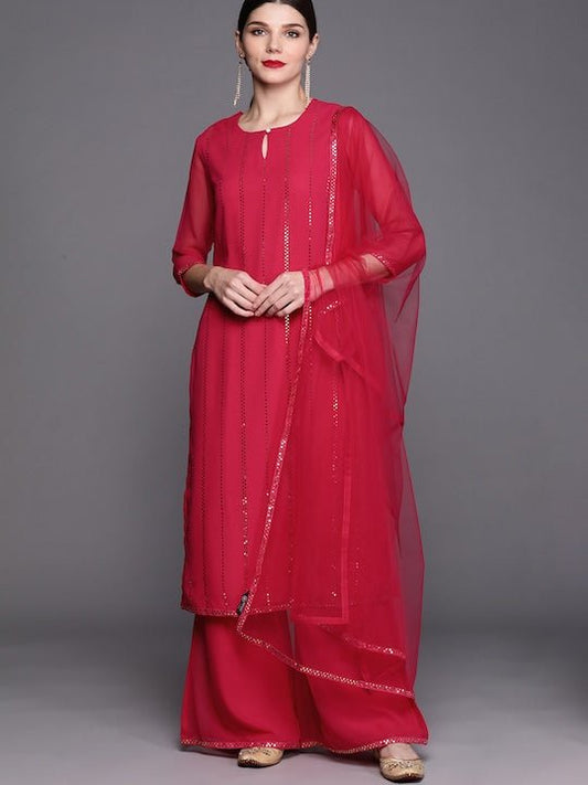 Women Magenta Striped Regular Beads and Stones Kurta with Palazzos & With Dupatta - Inddus.com