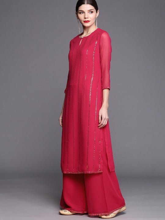 Women Magenta Striped Regular Beads and Stones Kurta with Palazzos & With Dupatta - Inddus.com