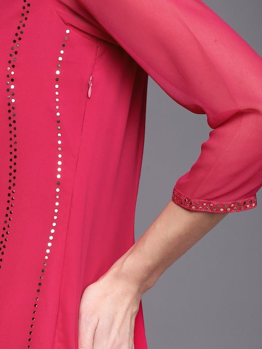 Women Magenta Striped Regular Beads and Stones Kurta with Palazzos & With Dupatta - Inddus.com