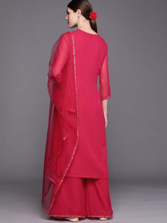 Women Magenta Striped Regular Beads and Stones Kurta with Palazzos & With Dupatta - Inddus.com