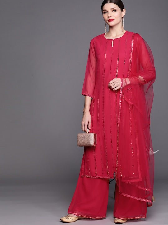 Women Magenta Striped Regular Beads and Stones Kurta with Palazzos & With Dupatta - Inddus.com