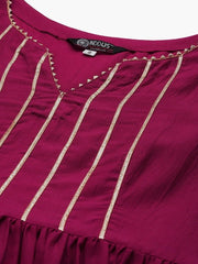 Women Magenta Striped Tiered Gotta Patti Kurta with Trousers & Dupatta - Inddus.com