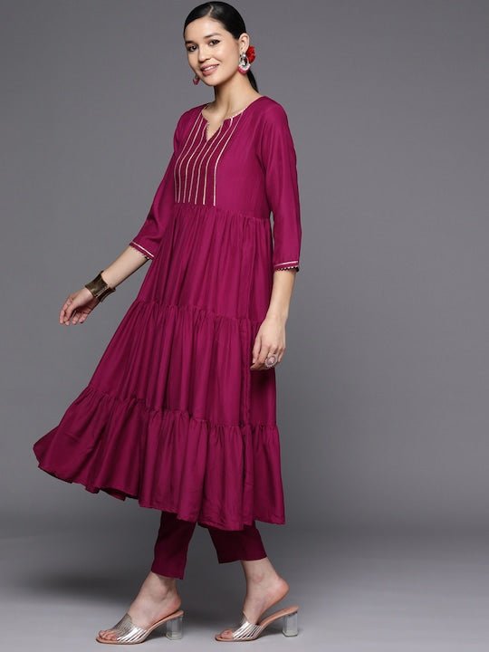 Women Magenta Striped Tiered Gotta Patti Kurta with Trousers & Dupatta - Inddus.com