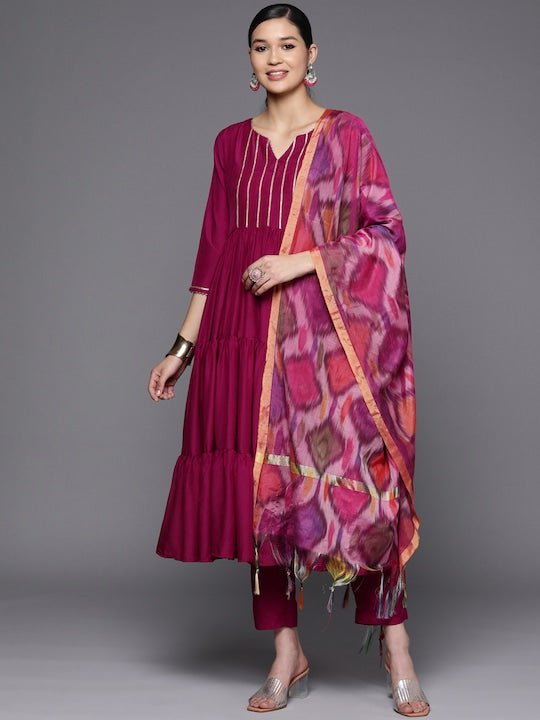 Women Magenta Striped Tiered Gotta Patti Kurta with Trousers & Dupatta - Inddus.com