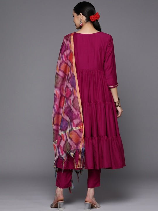 Women Magenta Striped Tiered Gotta Patti Kurta with Trousers & Dupatta - Inddus.com