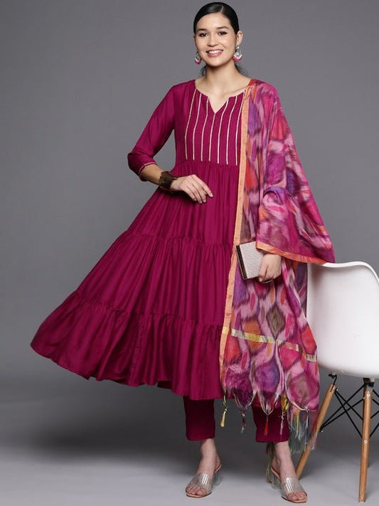 Women Magenta Striped Tiered Gotta Patti Kurta with Trousers & Dupatta - Inddus.com