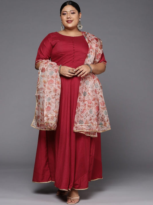 Women Maroon Anarkali Kurta With Printed Dupatta - Inddus.com