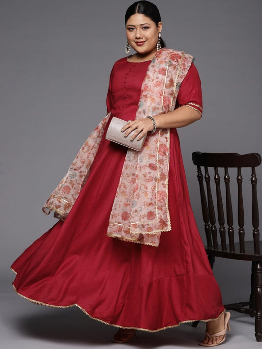 Women Maroon Anarkali Kurta With Printed Dupatta - Inddus.com