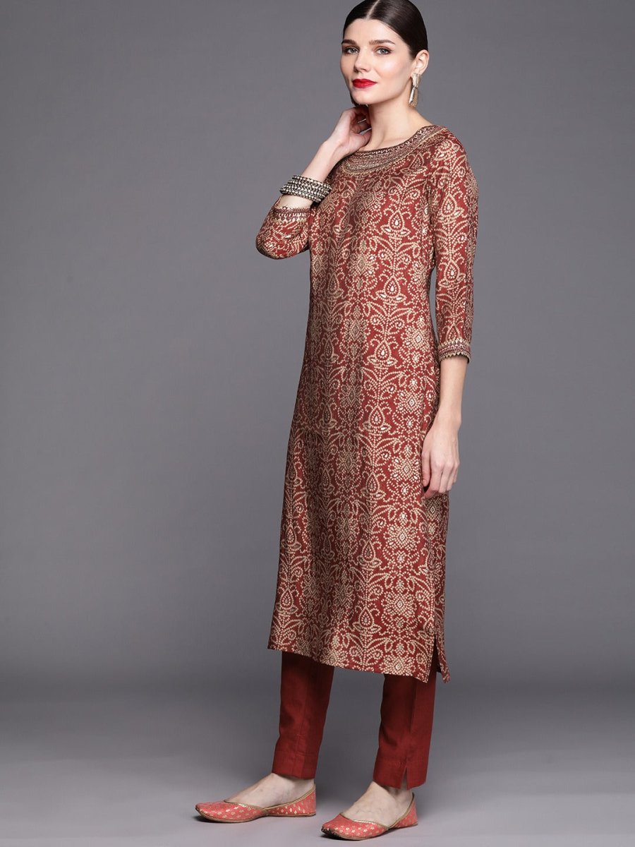 Women Maroon Bandhani Embroidered Regular Kurta with Trousers - Inddus.com