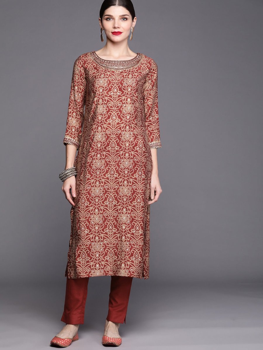 Women Maroon Bandhani Embroidered Regular Kurta with Trousers - Inddus.com