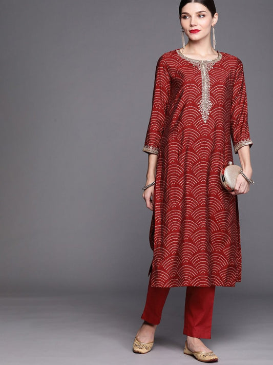 Women Maroon Bandhani Printed Regular Zardozi Kurta with Trousers - Inddus.com