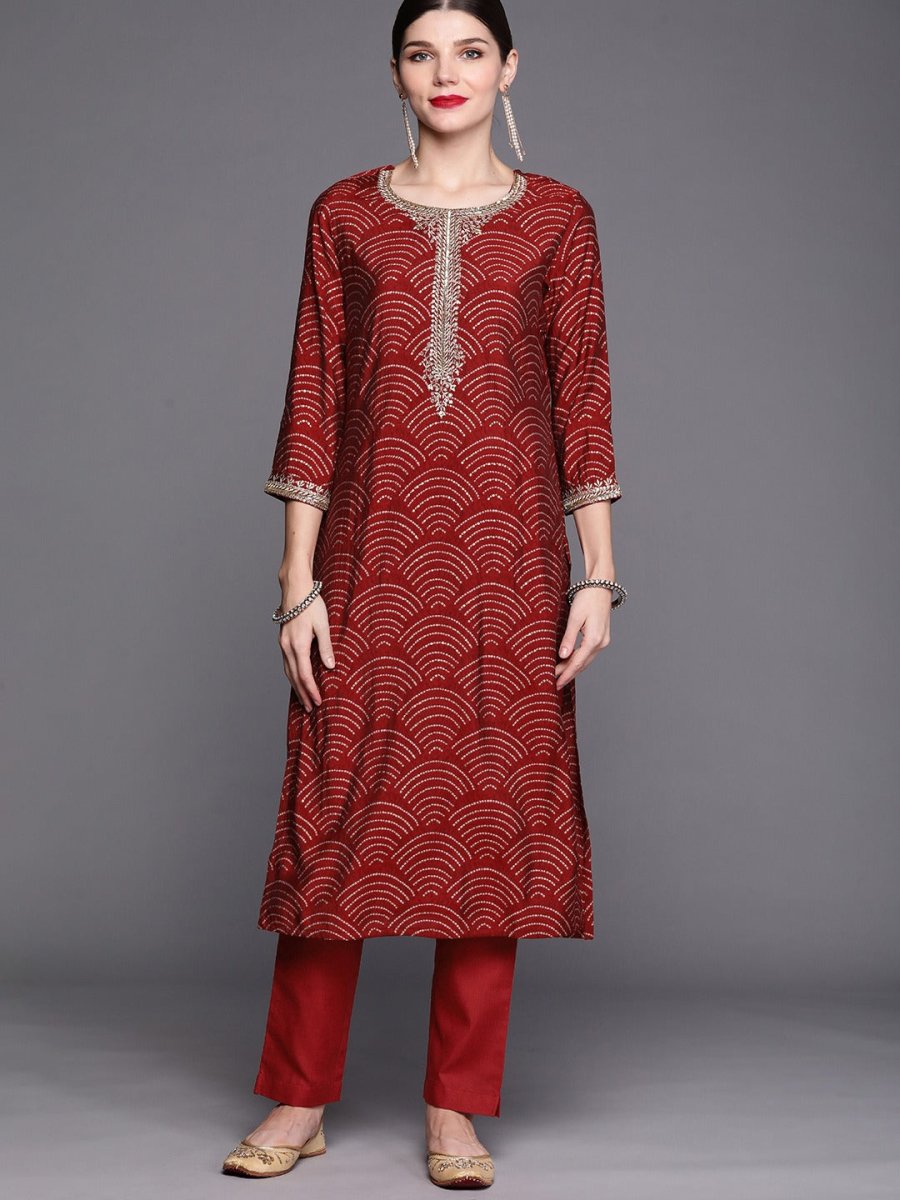 Women Maroon Bandhani Printed Regular Zardozi Kurta with Trousers - Inddus.com