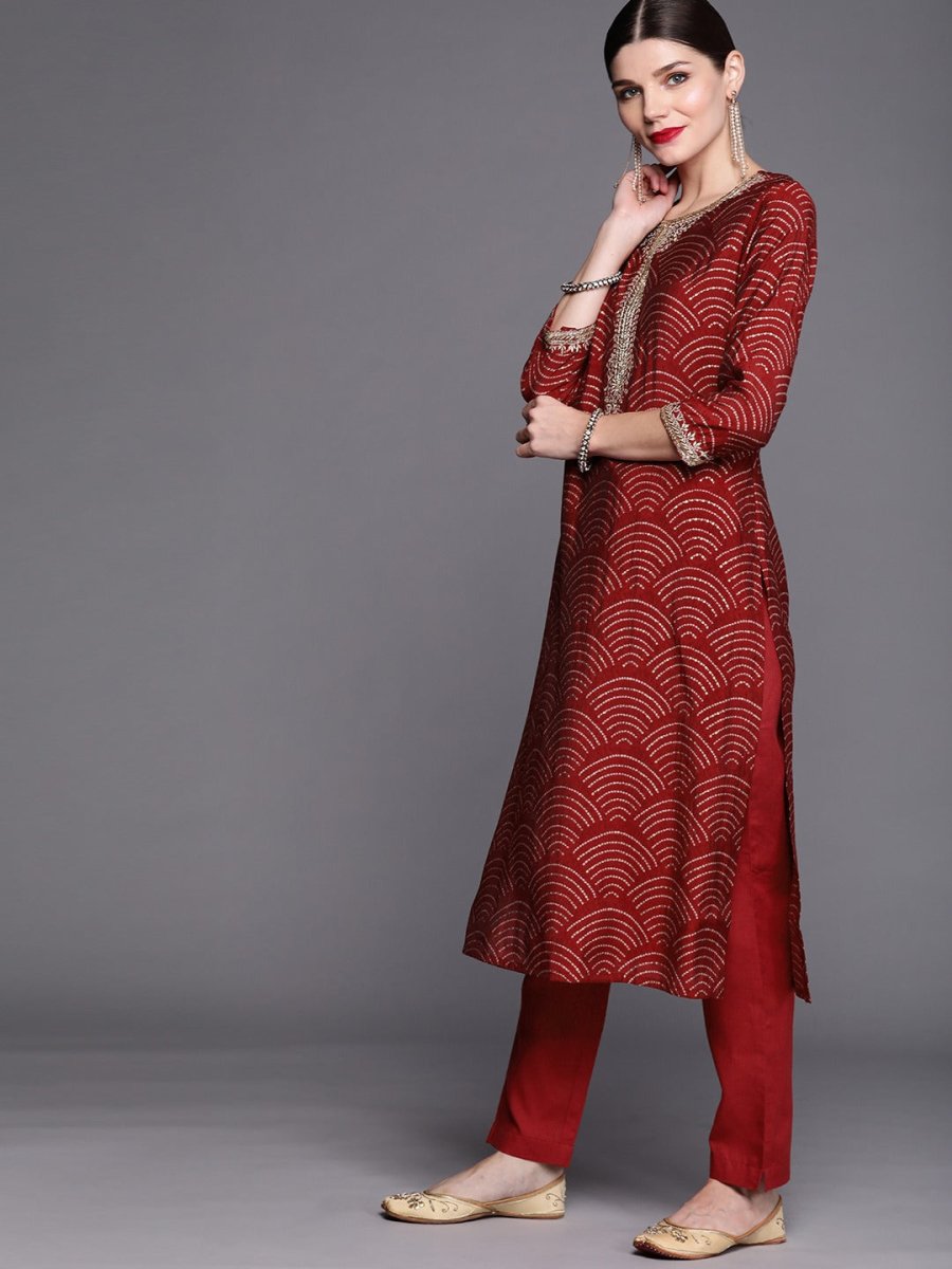 Women Maroon Bandhani Printed Regular Zardozi Kurta with Trousers - Inddus.com