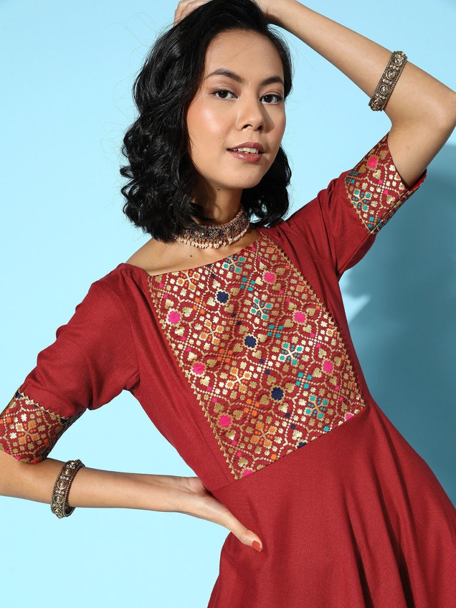 Women Maroon Cotton Ethereal Embroidery Kurta - Inddus.com