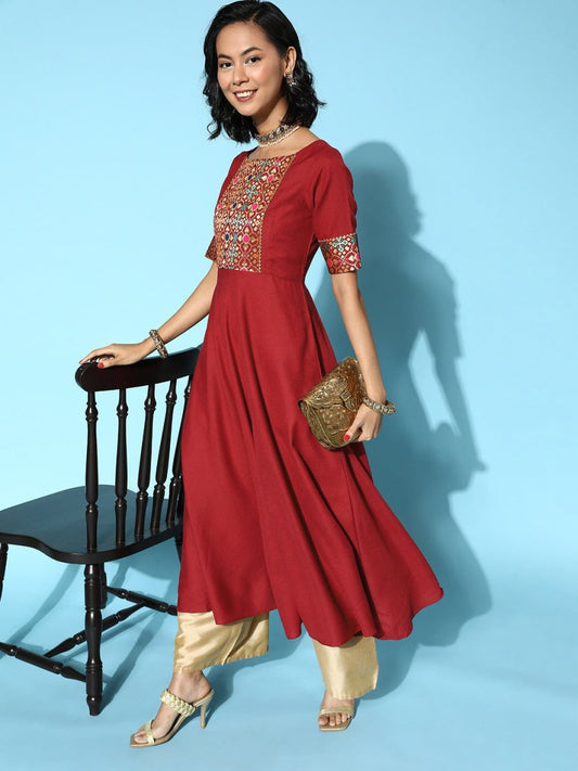 Women Maroon Cotton Ethereal Embroidery Kurta - Inddus.com