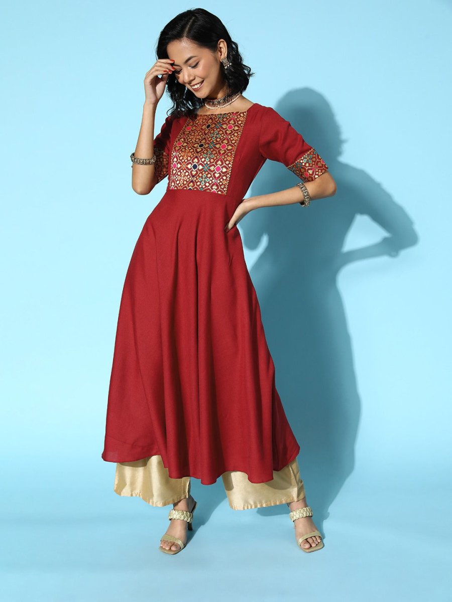 Women Maroon Cotton Ethereal Embroidery Kurta - Inddus.com