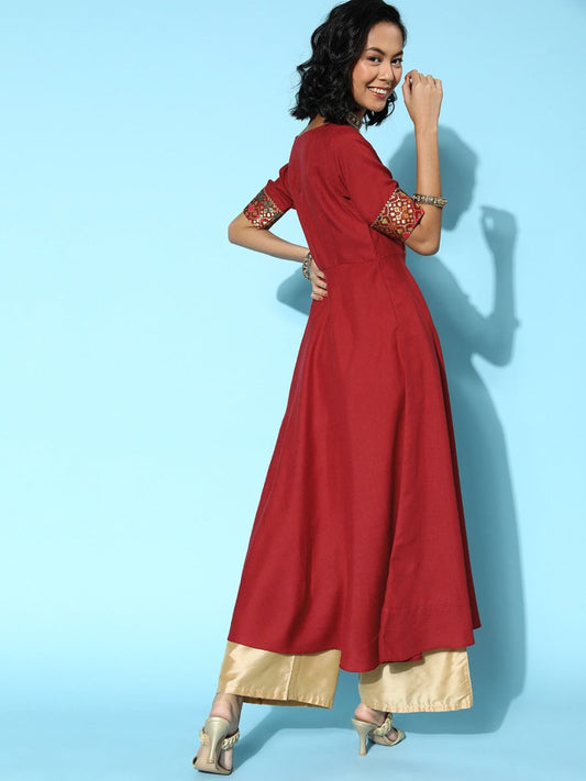 Women Maroon Cotton Ethereal Embroidery Kurta - Inddus.com