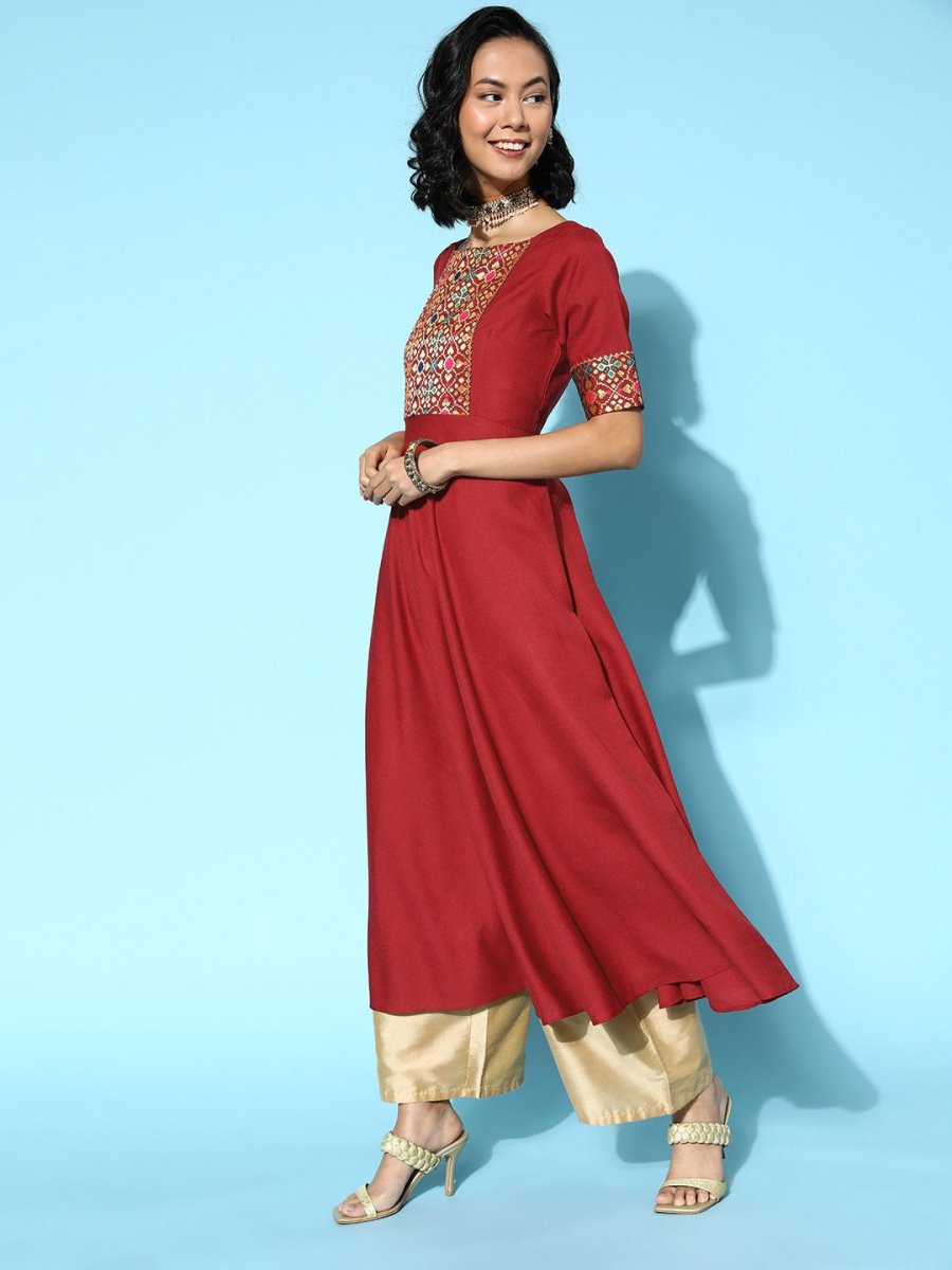 Women Maroon Cotton Ethereal Embroidery Kurta - Inddus.com