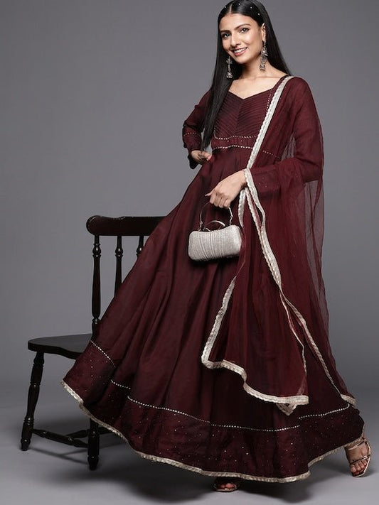 Women Maroon Embroidered Anarkali Kurta - Inddus.com