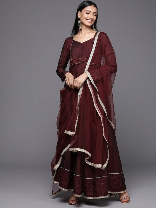 Women Maroon Embroidered Anarkali Kurta - Inddus.com