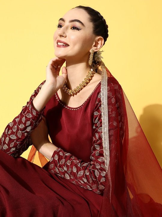 Women Maroon Embroidered Georgette Kurta - Inddus.com