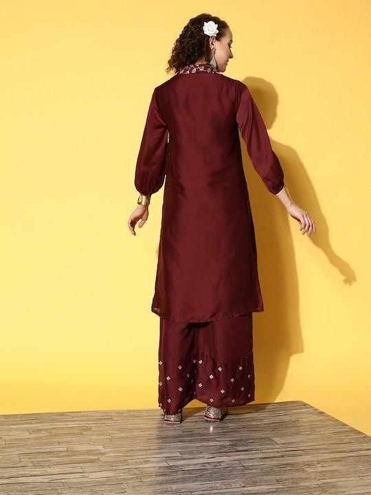 Women Maroon Embroidered Kurta with Palazzos - Inddus.com