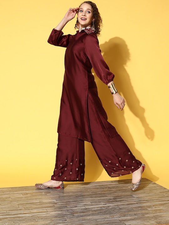 Women Maroon Embroidered Kurta with Palazzos - Inddus.com