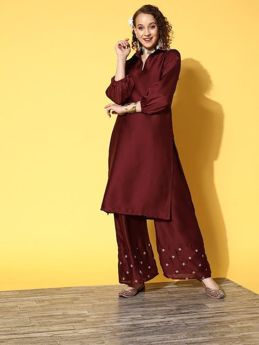 Women Maroon Embroidered Kurta with Palazzos - Inddus.com