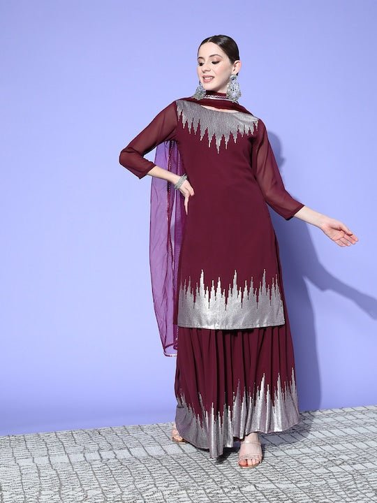 Women Maroon Embroidered Regular Sequinned Kurta with Sharara & With Dupatta - Inddus.com