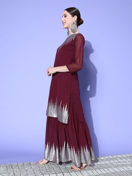 Women Maroon Embroidered Regular Sequinned Kurta with Sharara & With Dupatta - Inddus.com