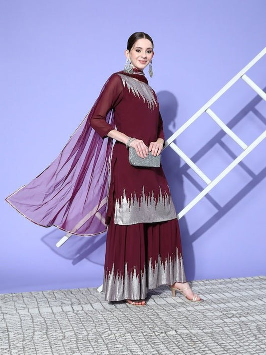 Women Maroon Embroidered Regular Sequinned Kurta with Sharara & With Dupatta - Inddus.com