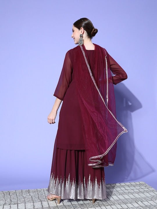 Women Maroon Embroidered Regular Sequinned Kurta with Sharara & With Dupatta - Inddus.com