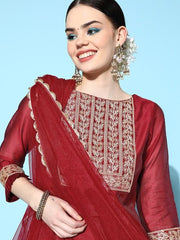 Women Maroon Ethnic Motifs Chanderi Cotton Kurta with Trousers & Dupatta - Inddus.com