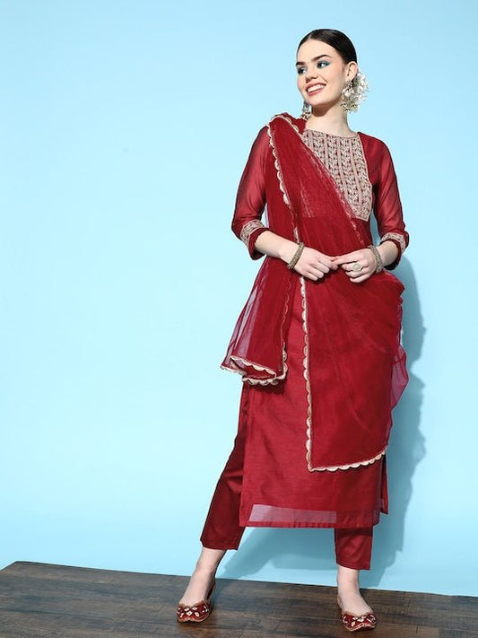 Women Maroon Ethnic Motifs Chanderi Cotton Kurta with Trousers & Dupatta - Inddus.com