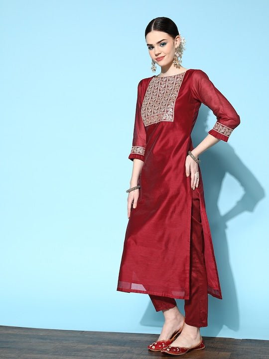 Women Maroon Ethnic Motifs Chanderi Cotton Kurta with Trousers & Dupatta - Inddus.com