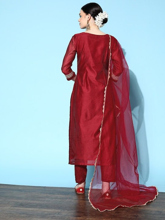 Women Maroon Ethnic Motifs Chanderi Cotton Kurta with Trousers & Dupatta - Inddus.com