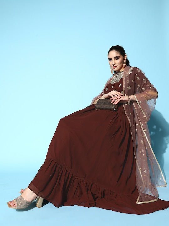 Women Maroon Ethnic Motifs Embroidered Georgette Anarkali Kurta With Dupatta - Inddus.com