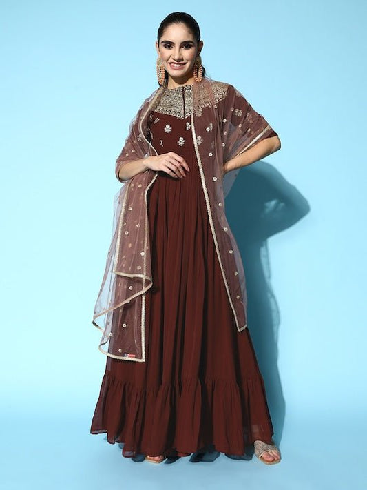 Women Maroon Ethnic Motifs Embroidered Georgette Anarkali Kurta With Dupatta - Inddus.com