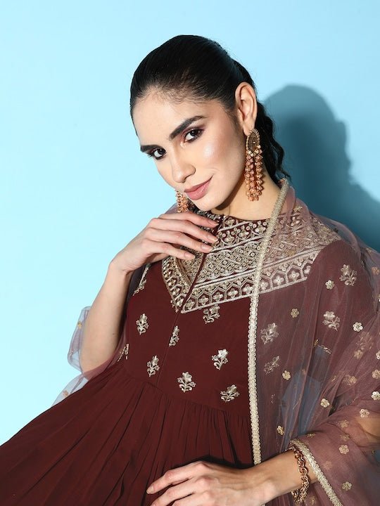 Women Maroon Ethnic Motifs Embroidered Georgette Anarkali Kurta With Dupatta - Inddus.com