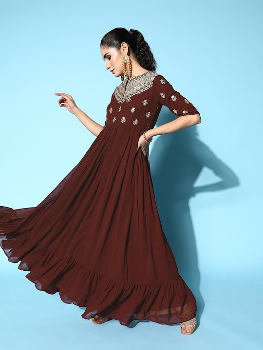 Women Maroon Ethnic Motifs Embroidered Georgette Anarkali Kurta With Dupatta - Inddus.com