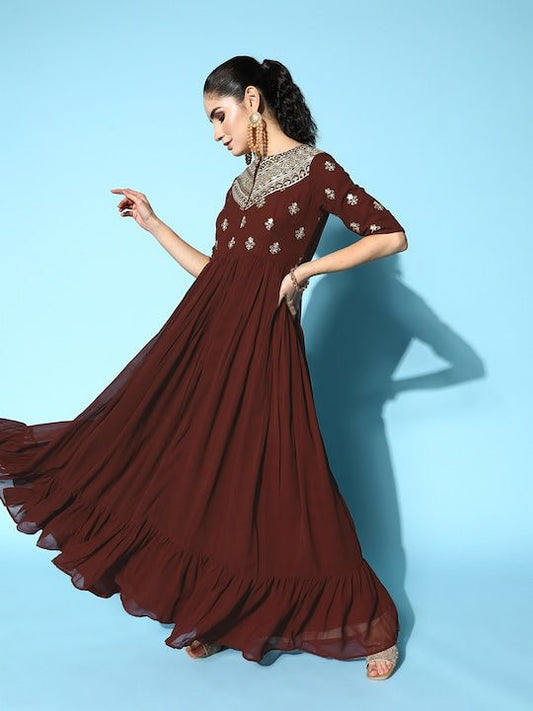 Women Maroon Ethnic Motifs Embroidered Georgette Anarkali Kurta With Dupatta - Inddus.com