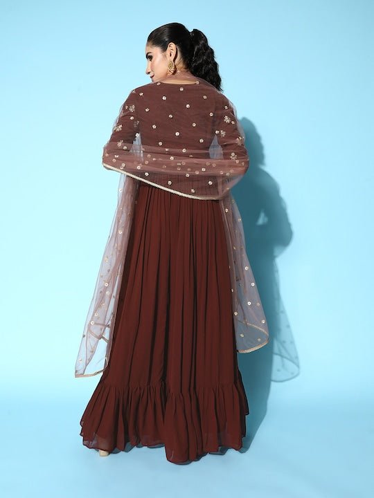 Women Maroon Ethnic Motifs Embroidered Georgette Anarkali Kurta With Dupatta - Inddus.com