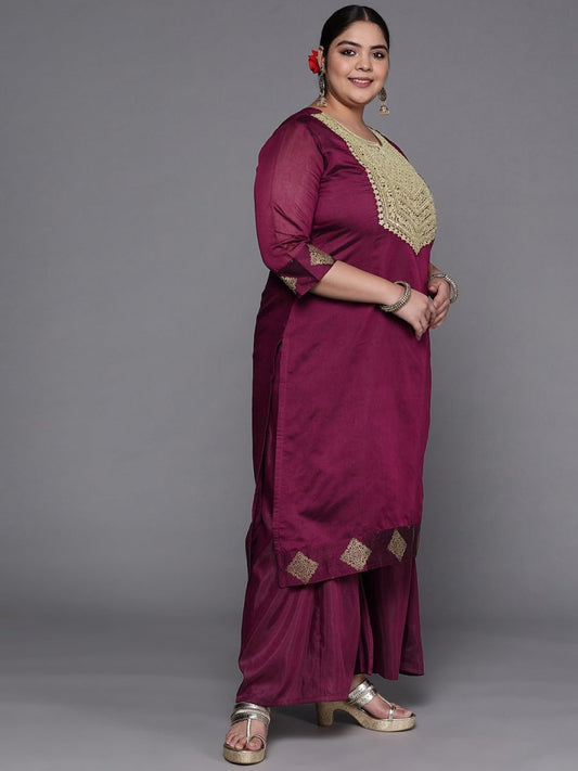 Women Maroon Ethnic Motifs Embroidered Kurta with Palazzos & Dupatta - Inddus.com