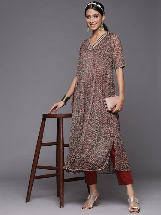 Women Maroon Ethnic Motifs Printed Gotta Patti Kurta with Trousers - Inddus.com