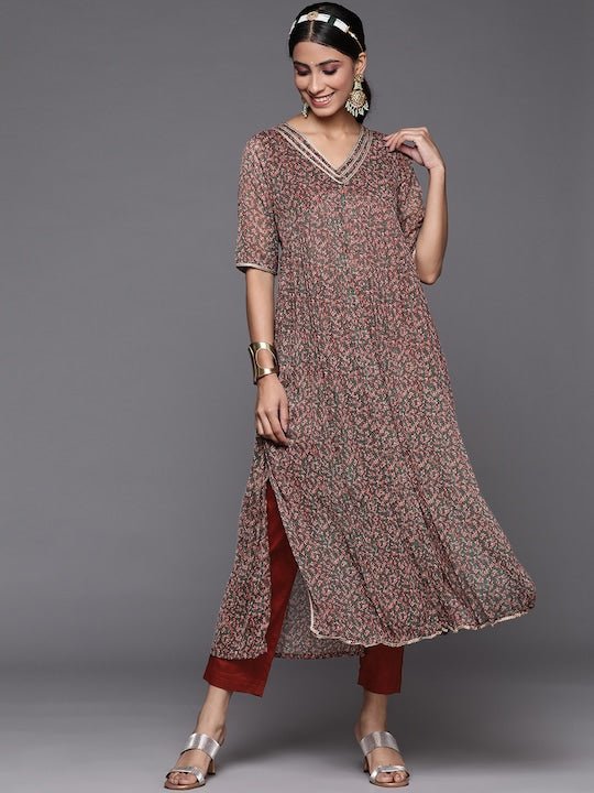 Women Maroon Ethnic Motifs Printed Gotta Patti Kurta with Trousers - Inddus.com