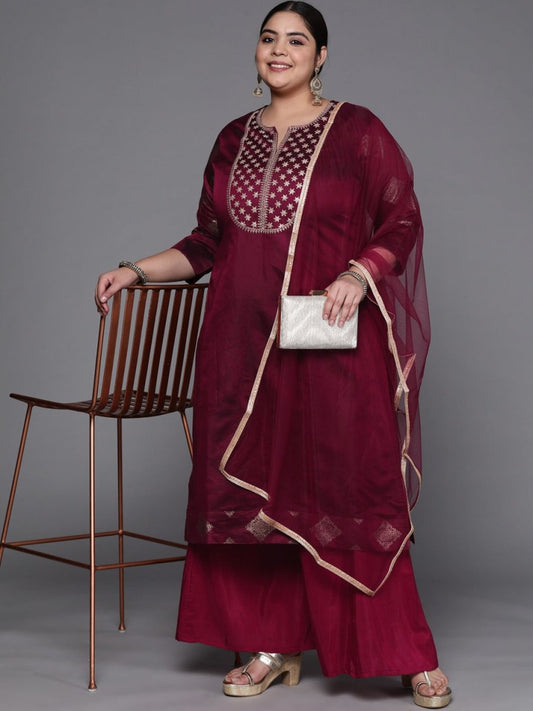 Women Maroon Ethnic Motifs Yoke Design Chanderi Cotton Kurta with Palazzos & With Dupatta - Inddus.com