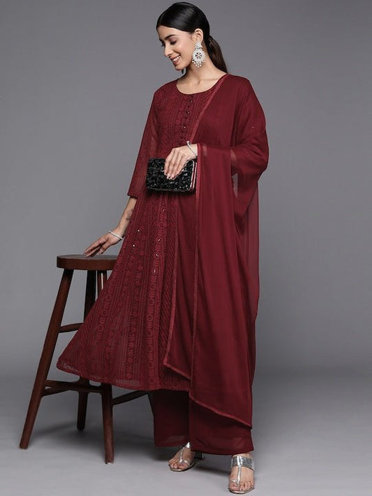 Women Maroon Floral Embroidered Chikankari Kurta with Palazzos & With Dupatta - Inddus.com